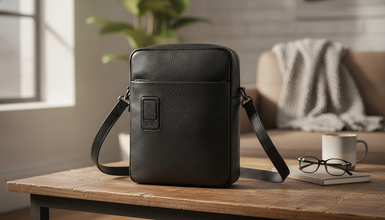Piquadro Black Leather Shoulder Bag: Adjustable & Organized